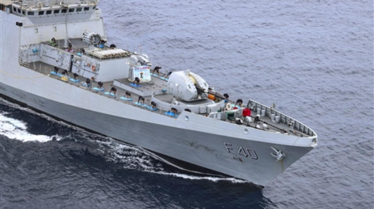 Mumbai: Indian Navy personnel perform yoga on a ship to mark the yoga day. International Yoga Day, celebrated on June 21st each year, aims to raise awareness about the benefits of yoga and promote global harmony and peace