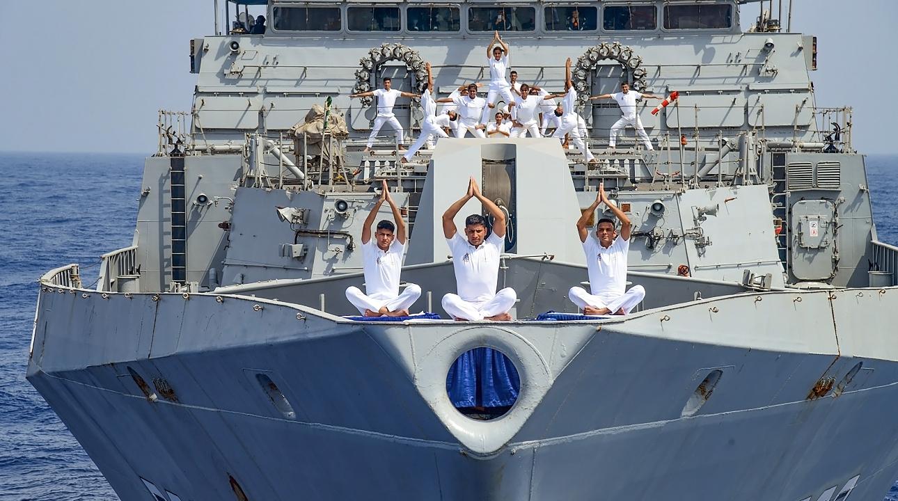 Mumbai: Indian Navy personnel perform yoga on a ship. The day also serves as a platform for advocating for greater accessibility to yoga and its benefits across different communities globally