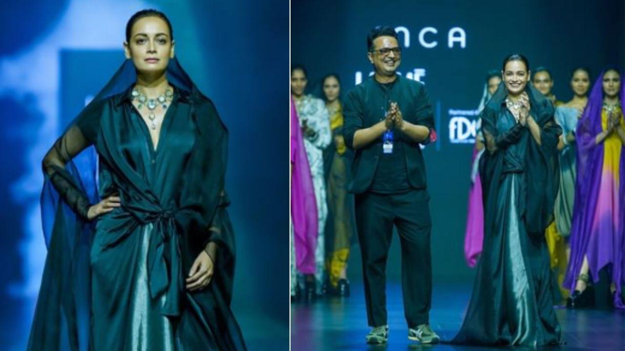 Dia Mirza turns showstopper for Inca on day two. Inca’s latest collection allows the designer, and hopefully, the wearer, to just be. It is this thought that undergirds the collection: movement, dynamism and never being stagnant. The same is reflected in some of the ‘lazy saree’ pieces conceptualised.