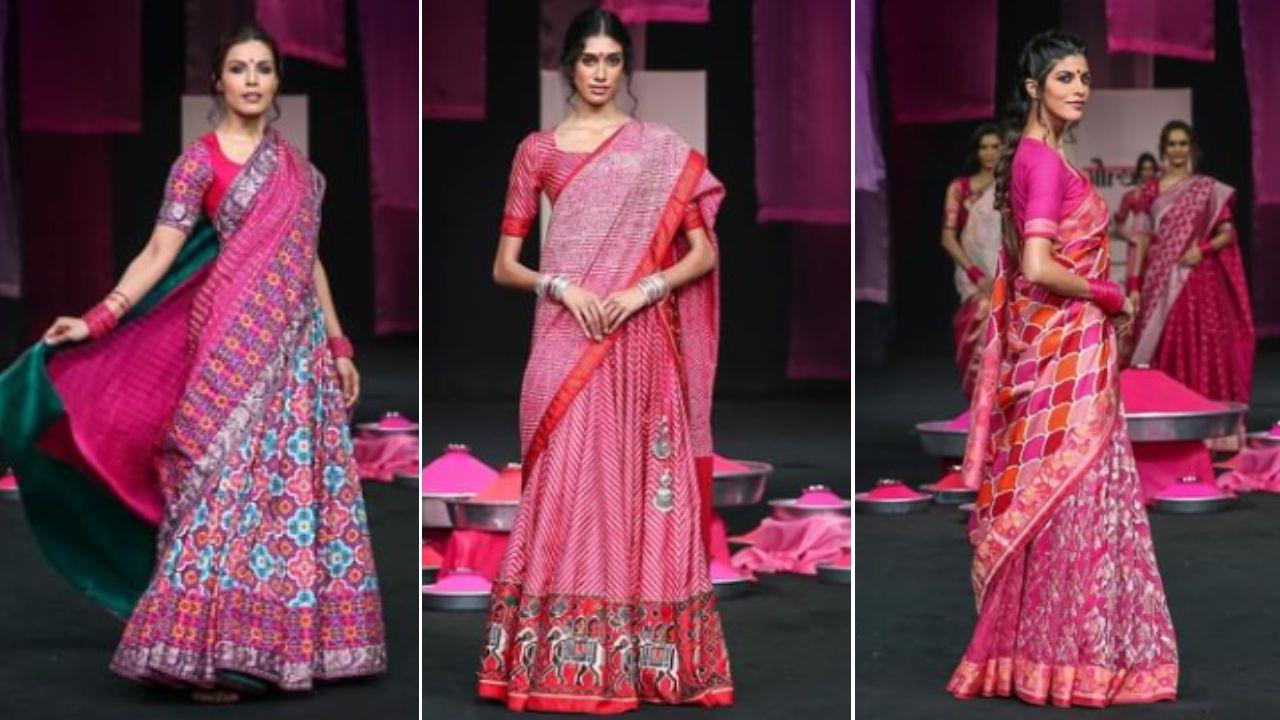 The resplendent hues of pink get centre-stage in Gaurang’s Lakme Fashion Week Spring/Festive collection Gulaal. Jamdani, Jaquard and Dobby are the dynamic weaving techniques used to create textiles in hand charkha Khadi, fine cotton, silk matka, and other natural silks. The lehengas and sarees from the collection are embroidered in long forgotten embroideries like Mochi, Parsi Gada, Petite Point, Kasuti, Phulkari, Kutch and Kashmiri. 