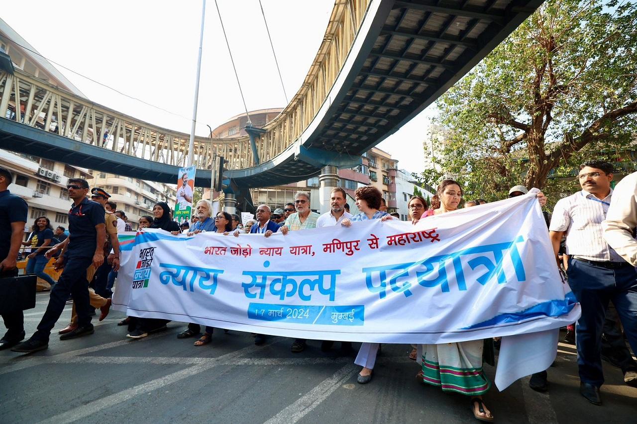 His sister Priyanka Gandhi Vadra and Tushar Gandhi, the great-grandson of Mahatma Gandhi, along with Congress supporters joined the foot march which will continue till the August Kranti Maidan, where the Quit India movement started in 1942 during India's struggle for independence from the British rule