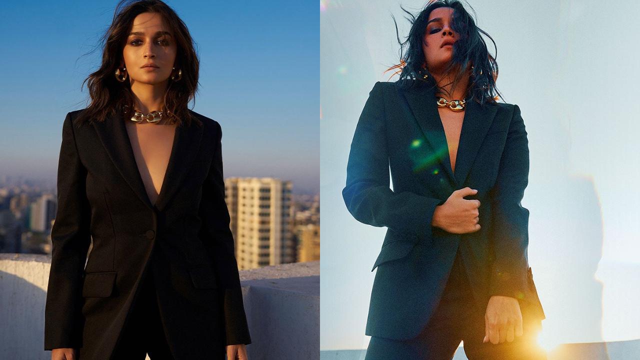 Alia Bhatt exuded boss lady energy at the Gucci Ancora launch. She rocked a classic black pantsuit featuring a sharp blazer with a plunging neckline and side pockets, paired with tailored trousers. To complete the look, Alia opted for a statement chunky gold choker, a timeless black Gucci Jackie shoulder bag, and sleek black heels. Her smokey eye makeup with kohl and mascara added a touch of drama