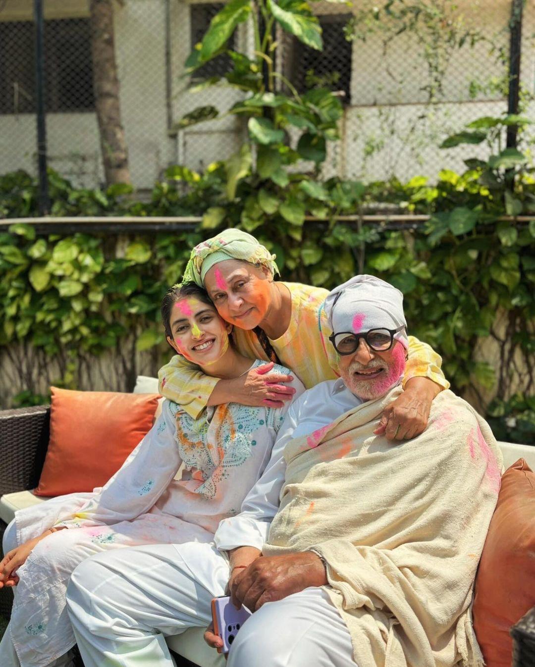 Bachchan Parivaar's Holi was full of laughter and smiles. The entire family came together to celebrate the function. In this picture, filled with colours, Jaya Bachchan, Amitabh Bachchan, and Navya Nanda strike a pose together