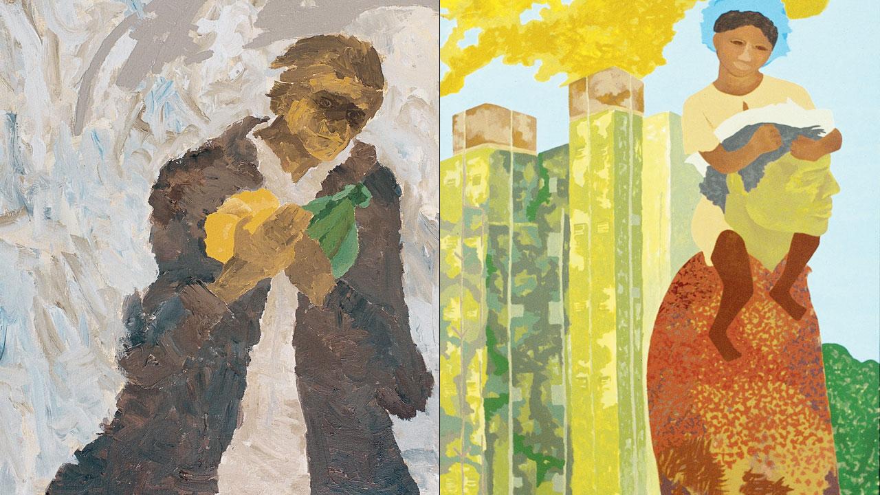 (From left) Man in the Rain with Bread and Bananas, 1990; Stroll, 1997