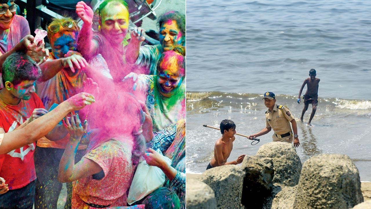 Youngsters celebrate the festival at Mahim. Pic/Ashish Raje; (right) A boy is chased out from Dadar beach. Pic/Atul Kamble