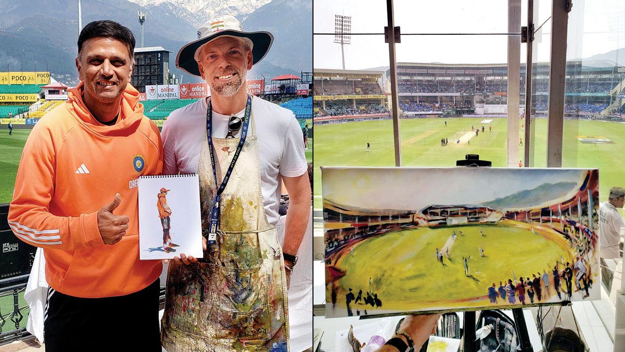 Brown shares his painting with Rahul Dravid (right) Andy Brown paints a scene in Dharamsala. PIC COURTESY/ANDYBISANARTIST ON X