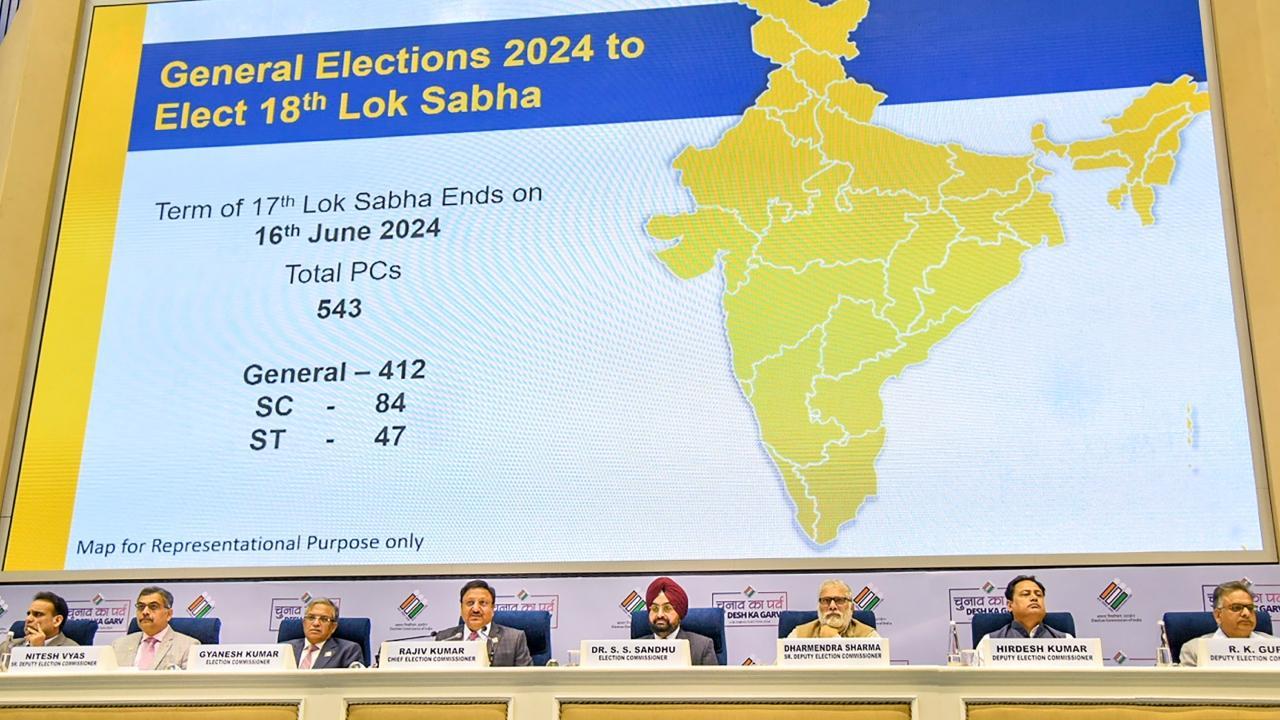 Chief Election Commissioner Rajiv Kumar with Election Commissioners Gyanesh Kumar and S.S. Sandhu during announcement of the schedule for Lok sabha elections 2024. Pics/PTI