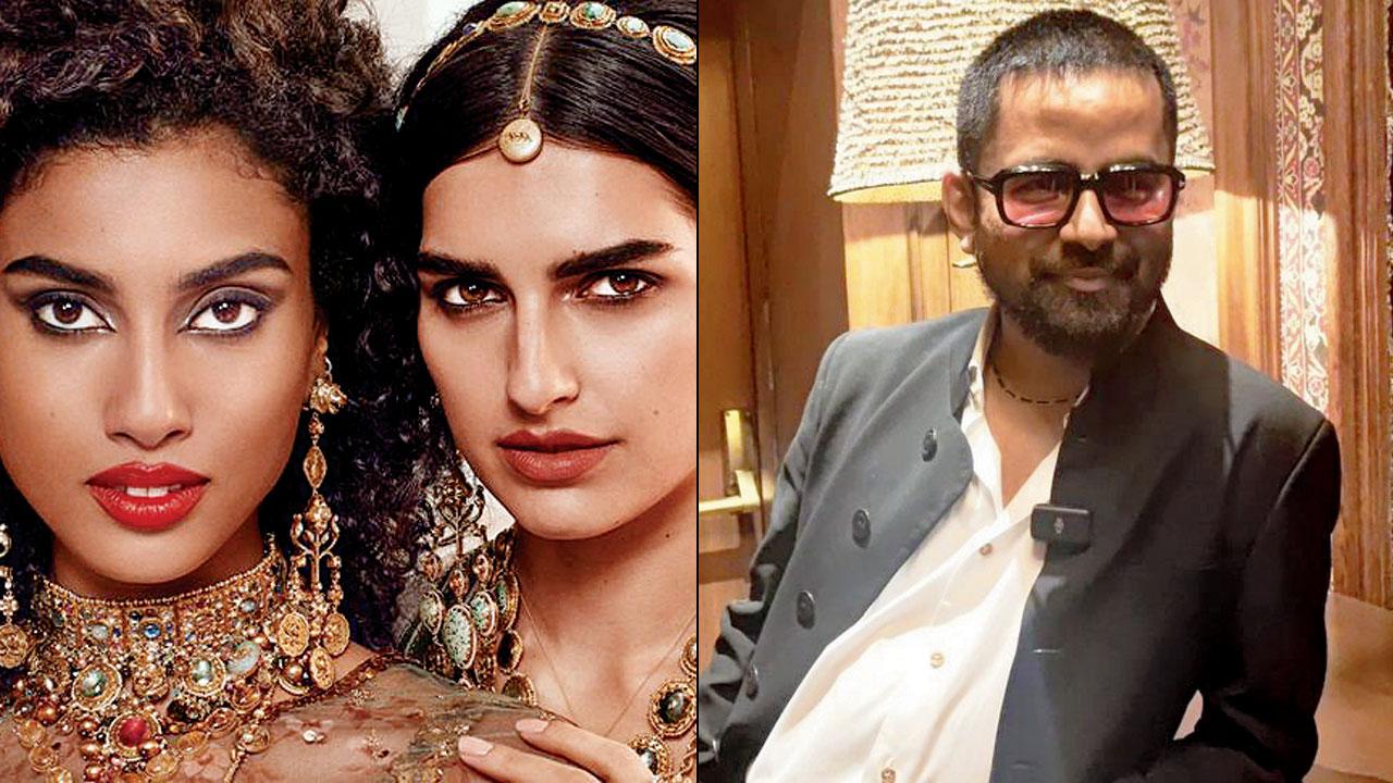 Models wearing Estée Lauder x Sabyasachi Limited Edition Collection (right) Sabyasachi Mukherjee at the launch