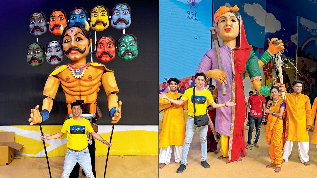 (Left) Satyajit Padhye demonstrates the working of the Ravana puppet; (right) the Bali Raja (farmer) puppet