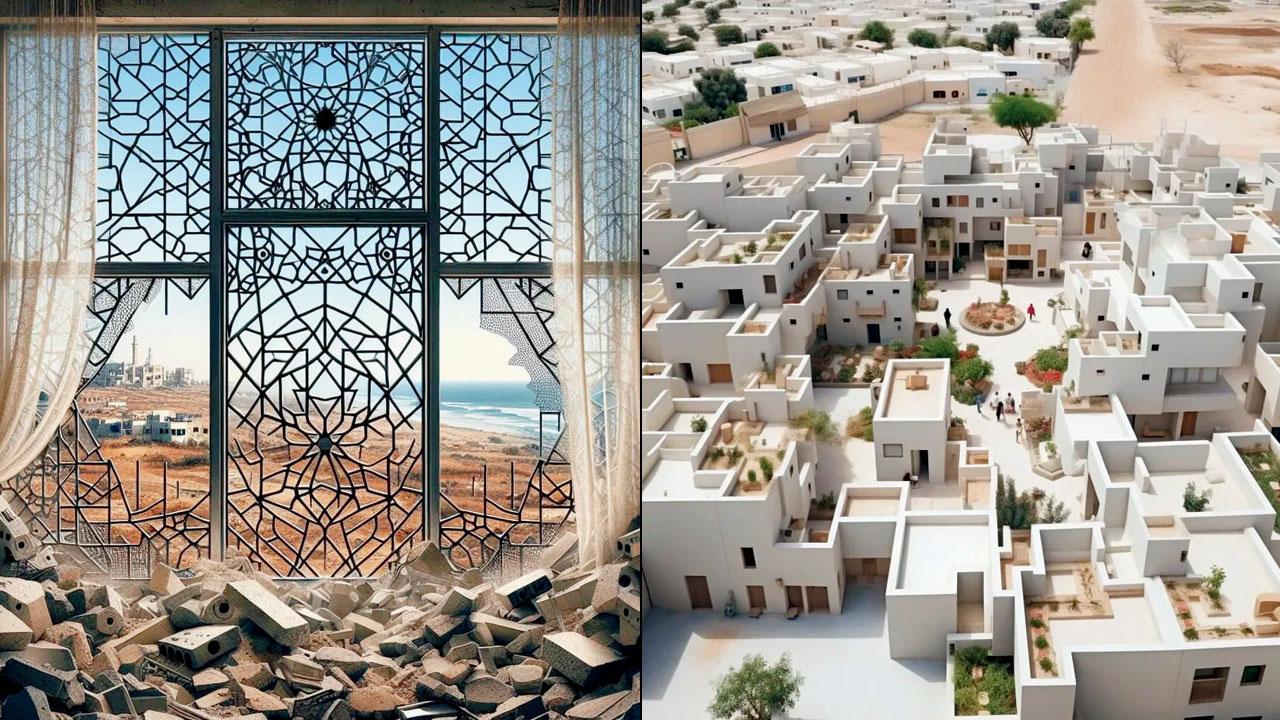 (Left) An AI-generated image shows parts of collapsed buildings that can be salvaged for reuse; (right) a small community resettled using Second Responder Protocols