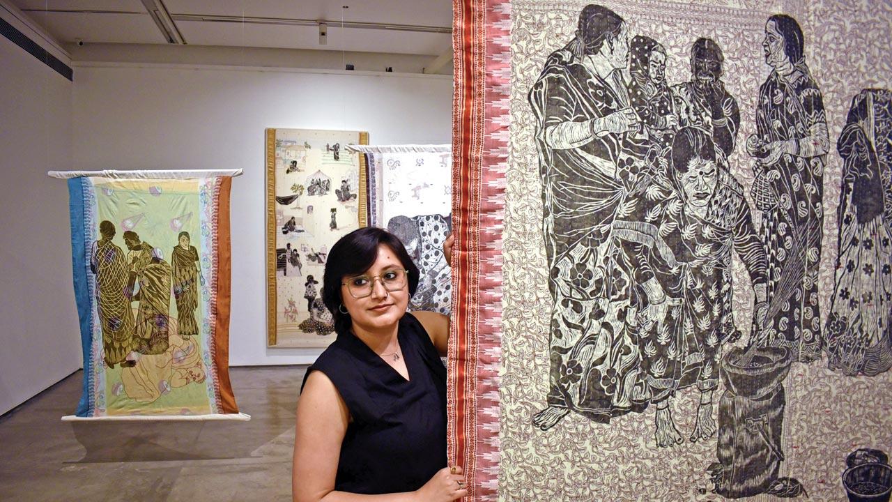 Jayeeta Chatterjee’s detailed block print and embroidered works give the viewer a multilayered look into women’s domestic politics. Pic/Sameer Markande