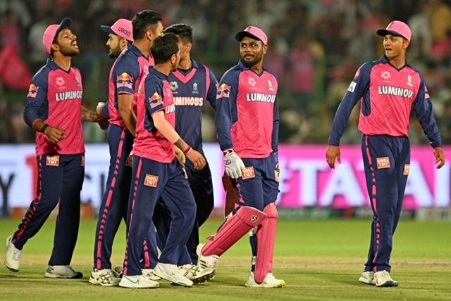 Rajasthan Royals players celebrate their win over Delhi Capitals at Jaipur on Thursday. PIC/AFP