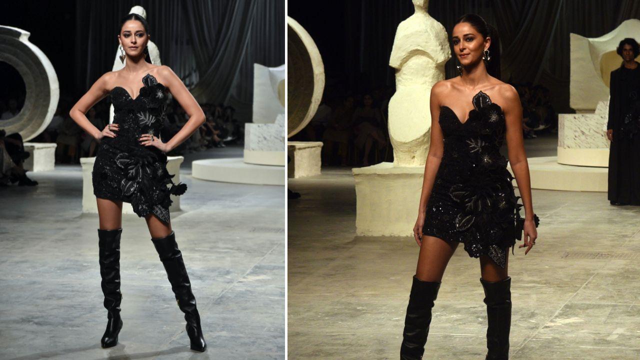 Ananya Panday who turned showstopper for the designer, wore a black mini-dress having intricate design elements such as leaf and floral embellishments on the side and back of the dress. Additionally, a plunging neckline, short hem, and long black leather boots with high heels elevated her look. She accessorised the outfit with statement rings and heart-shaped earrings studded with black gemstones. Photo Courtesy: ANI(Left)/Satej Shinde(Right)