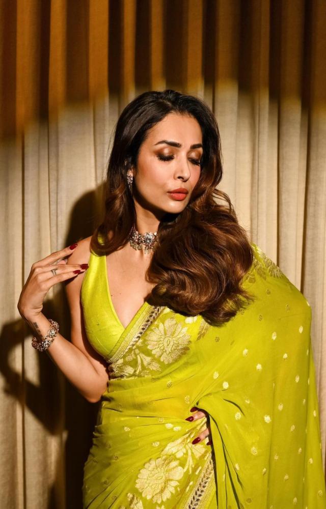 The actress paired her saree with a matching blouse and left her hair open. Ditching heavy jewellery, Malaika wore a simple necklace and bangles
