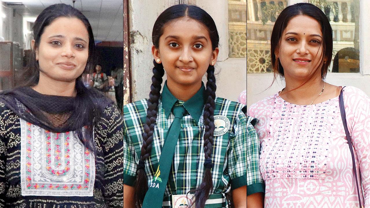 (From Left) Parveen Shaikh studied and now teaches in the school, Alia Jadhav (l) with mother and ex-student Pooja Jadhav