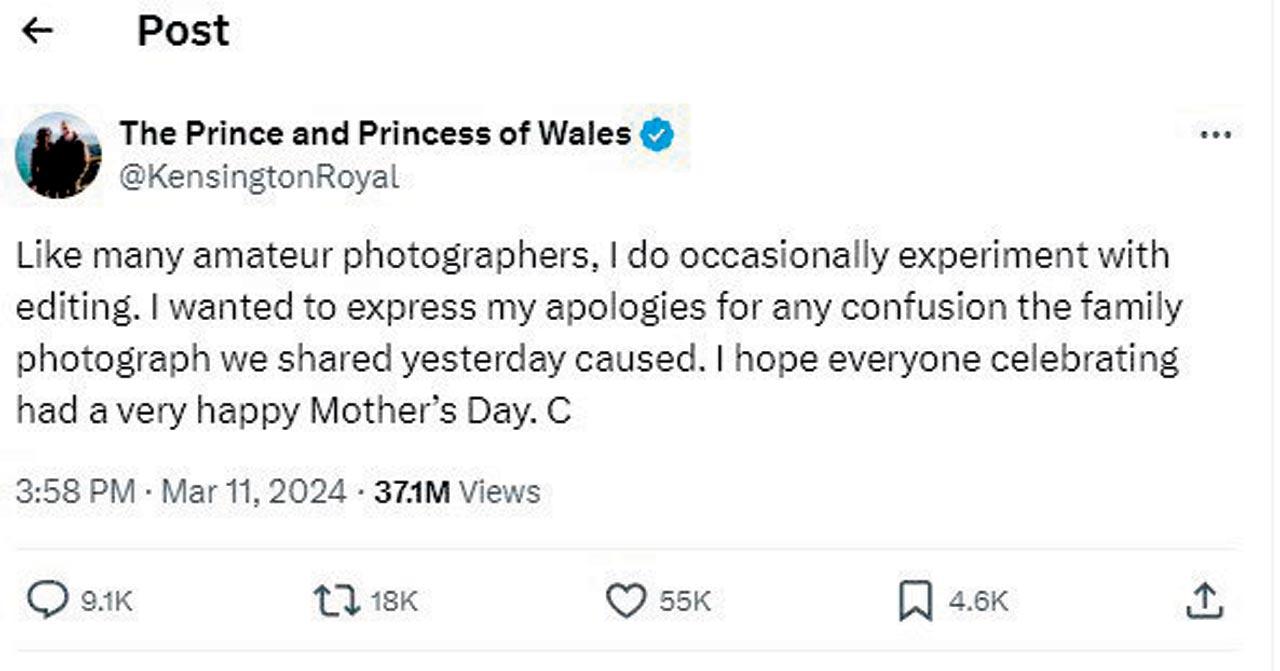 The apology note shared by the Duchess of Cambridge after the controversy over the doctored image. Pic Courtesy/X