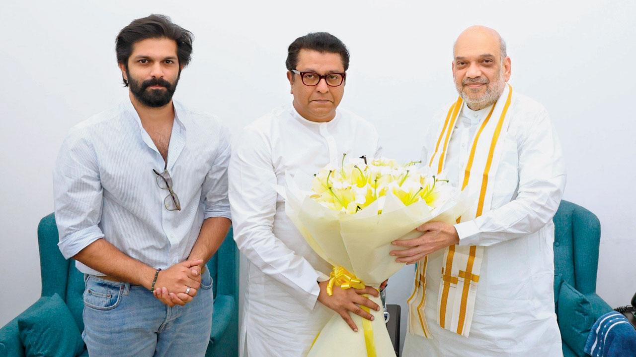 Raj Thackeray with son Amit and Union Home Minister Amit Shah
