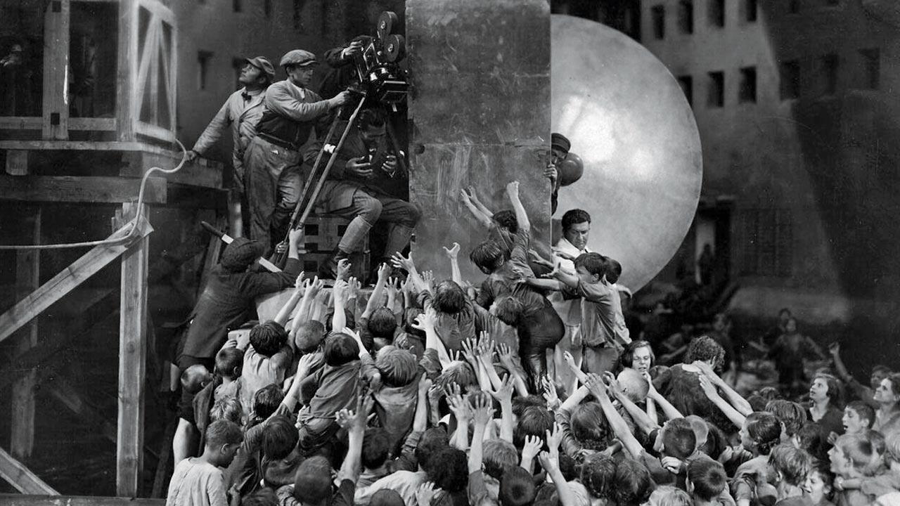 A moment from the filming of a scene on the sets of Metropolis