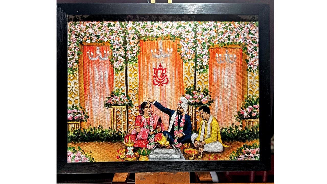 Goa-based self-taught artist, Smriti Goswami, says that live wedding paintings require one to play around with the imagination, like this live painting she did for a Goan Hindu wedding