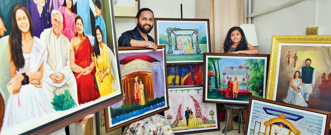 Mitali Salunke and Chetan Advirkar have painted over a thousand wedding paintings for weddings in the country and abroad since 2018. Pics/Nimesh Dave