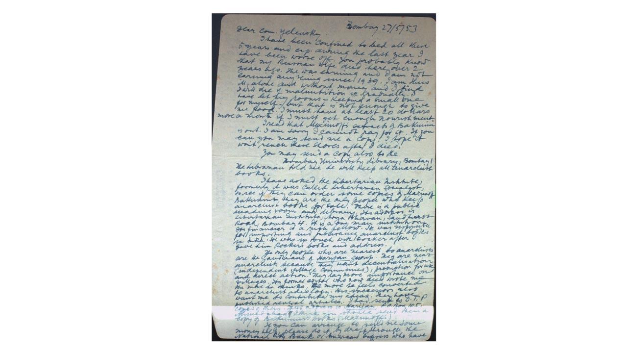 A page from a letter written by a bedridden Acharya from Bombay, to Boris Yelensky, dated May 27, 1953—two months after Magda’s death, in which he confessed to being poor, hungry and diseased