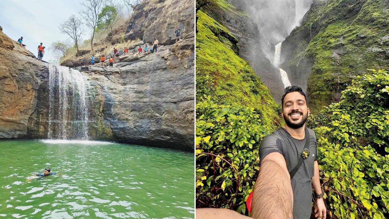 Trekkers take a plunge at the Kalmandavi waterfalls; (right) Kuldip Rathore