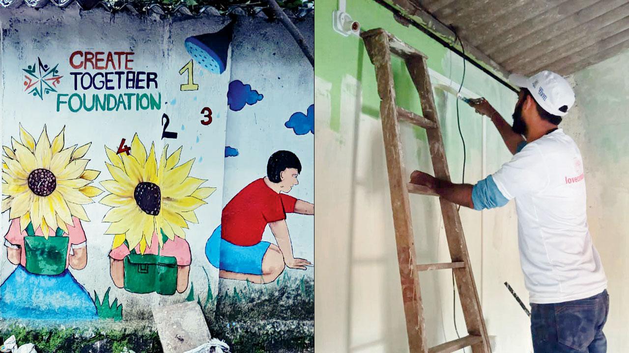 A wall painted by the foundation in Kalamboli (right) Deepak Vishwakarma paints the interiors of the new space