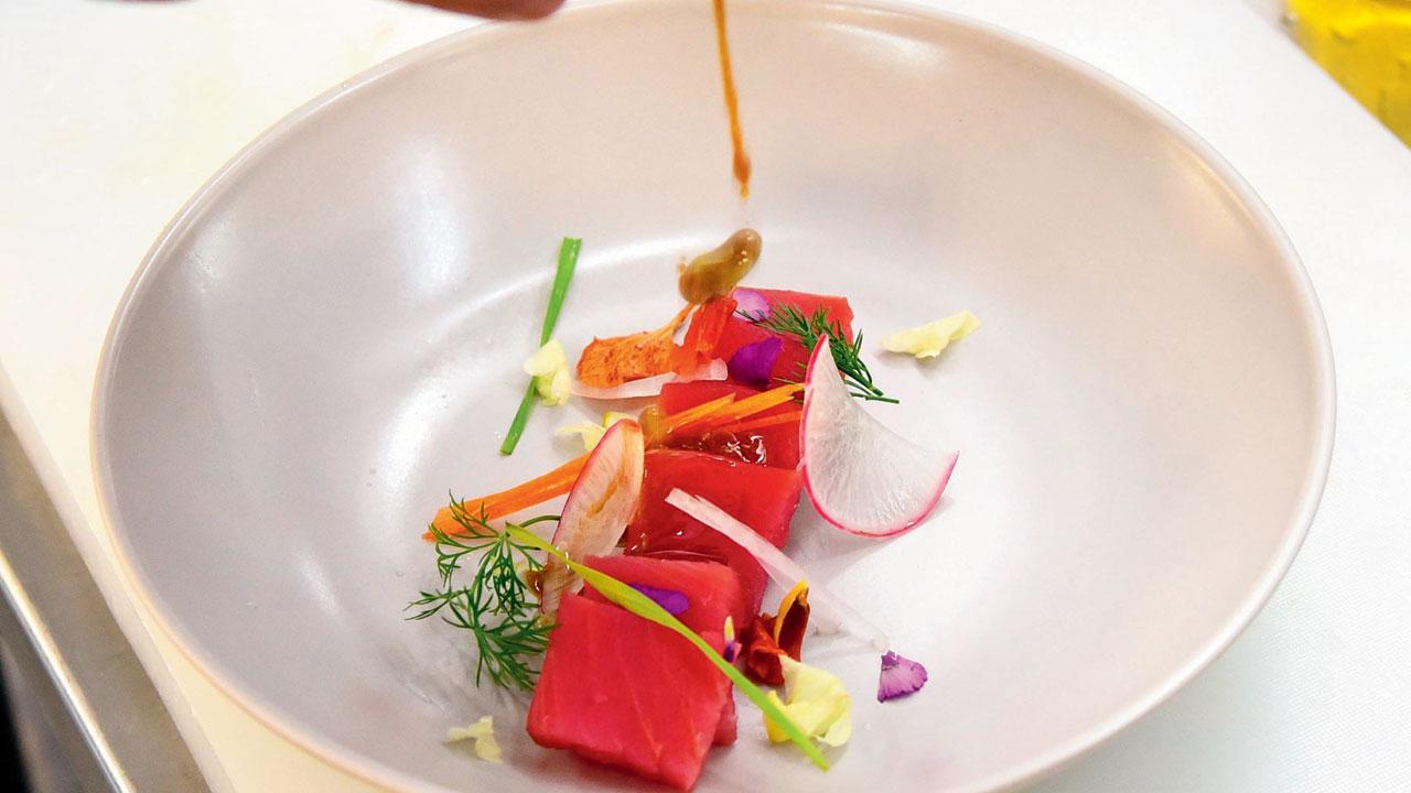 A delectable treat is the modern Japanese-style carpaccio with tuna and wasabi sauce. Pic/Shadab Khan