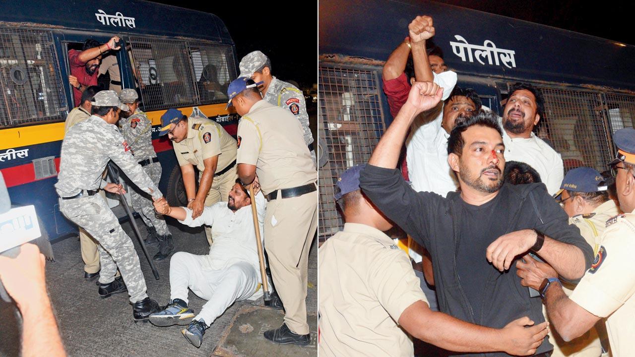 AAP leaders alleged they were manhandled by the police while being detained; (right) An AAP leader was allegedly punched in the nose by a cop, causing it to bleed. Pics/Satej Shinde