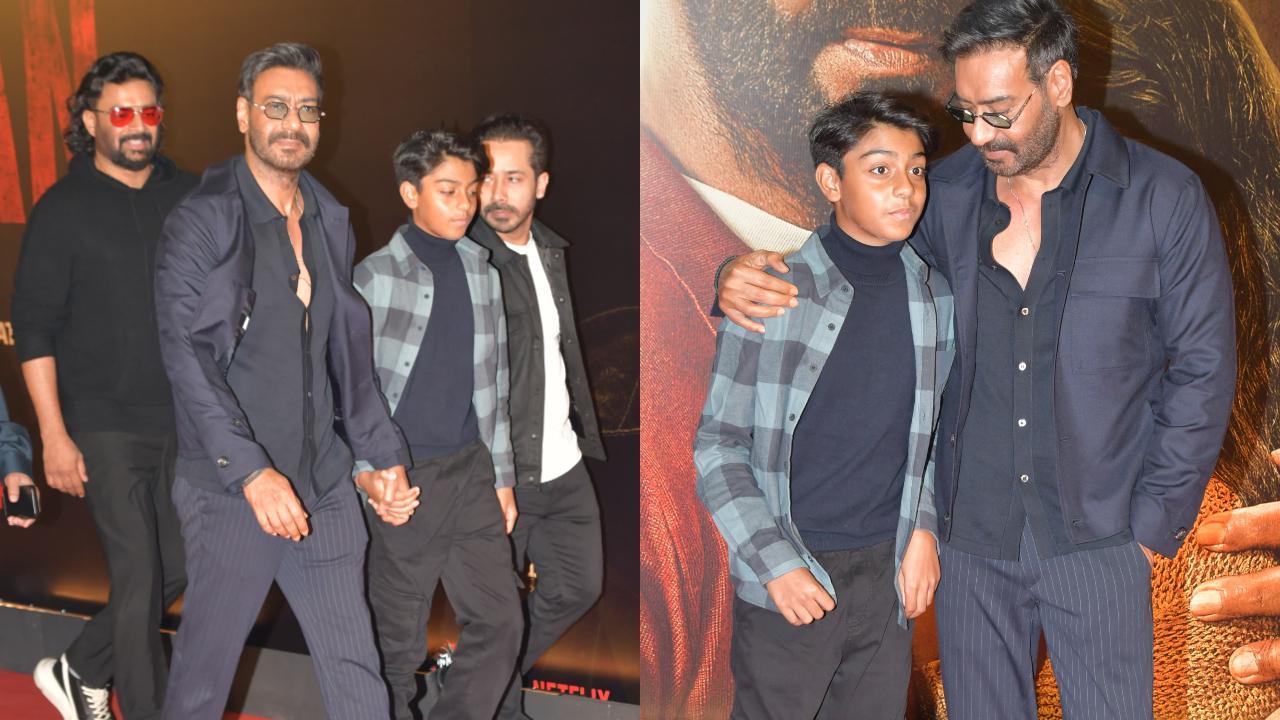 Ajay Devgn teaches son Yug to pose for paparazzi at 'Shaitaan' premiere, watch