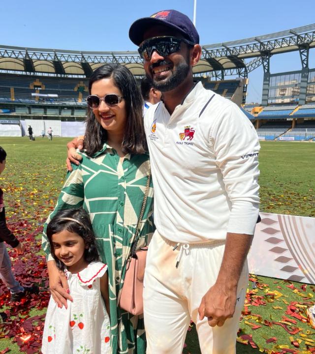 Victorious captain Ajinkya Rahane posed with his wife and daughter post-match