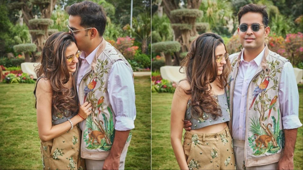 Akash Ambani and wife Shloka Ambani opted for a casual and chic look with their jungle-inspired outfits. Their ensemble carried a safari vibe incorporating lush green and earthy beiges with subtle floral embellishments. 