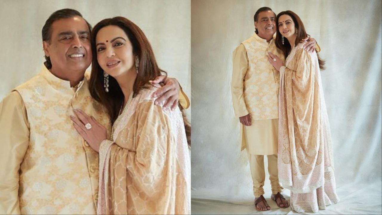 Mukesh Ambani and his wife Nita Ambani serve couple goals wearing Indian traditional outfits in pastel tones. AFP PHOTO /RELIANCE
Catch Anant Ambani-Radhika Merchant pre-wedding LIVE updates here