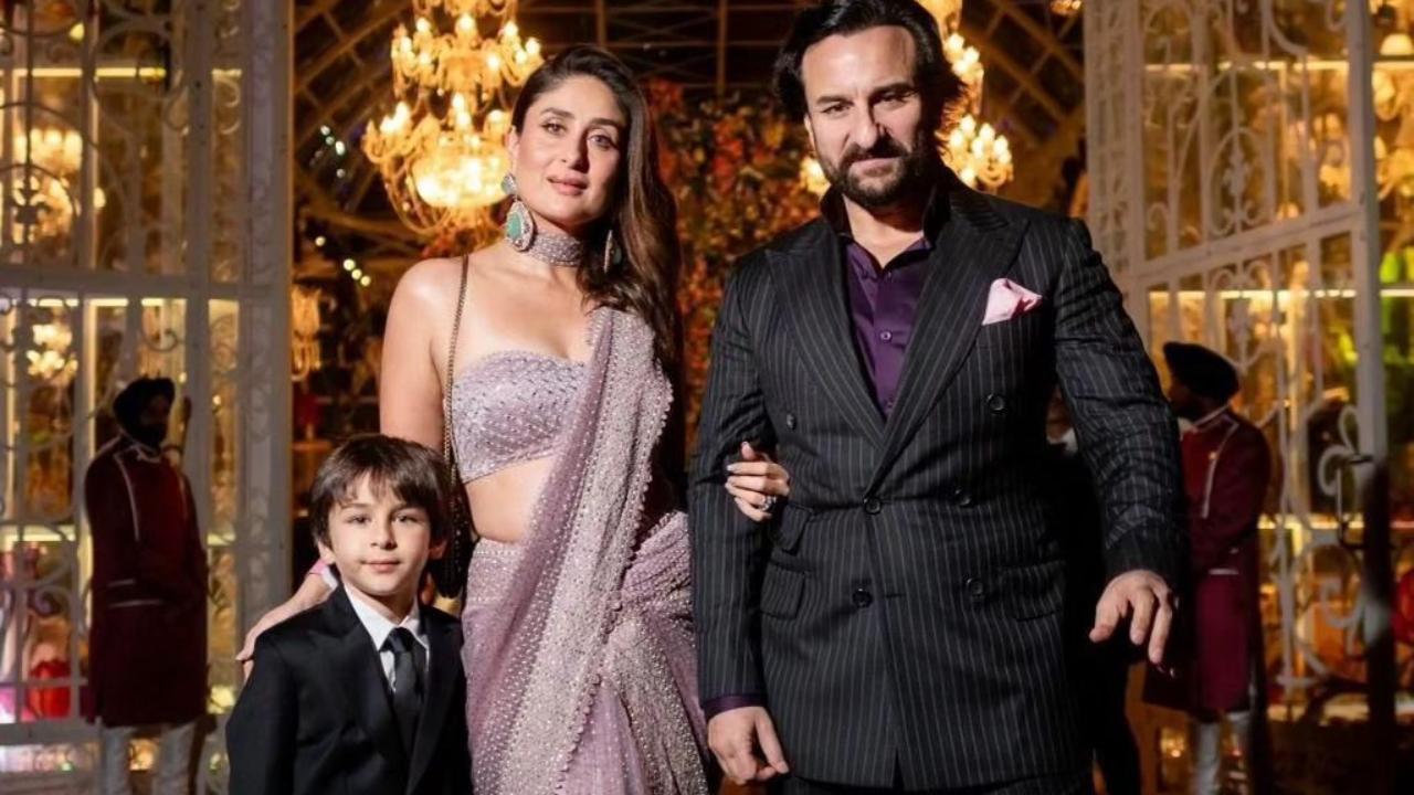 Bollywood power couple Kareena Kapoor and Saif Ali Khan struck a pose with son Taimur. Kareena looked bespoke in a Tarun Tahiliani saree in the shade of purple while Saif and Tim suited up for the event. 