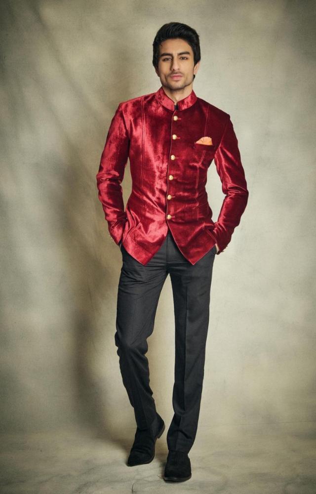 Ibrahim Ali Khan looked handsome in a velvet red jacket, effortlessly blending traditional charm with modern elegance