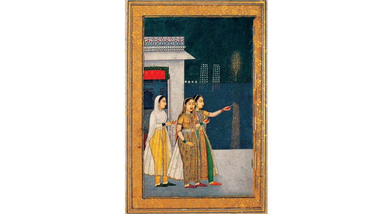 Ladies on a palace terrace celebrate Diwali by Mughal artist Muhammad Afzal, Mughal Delhi, circa 1730 AD. Pic  Courtesy/Toddywala’s Auction House 