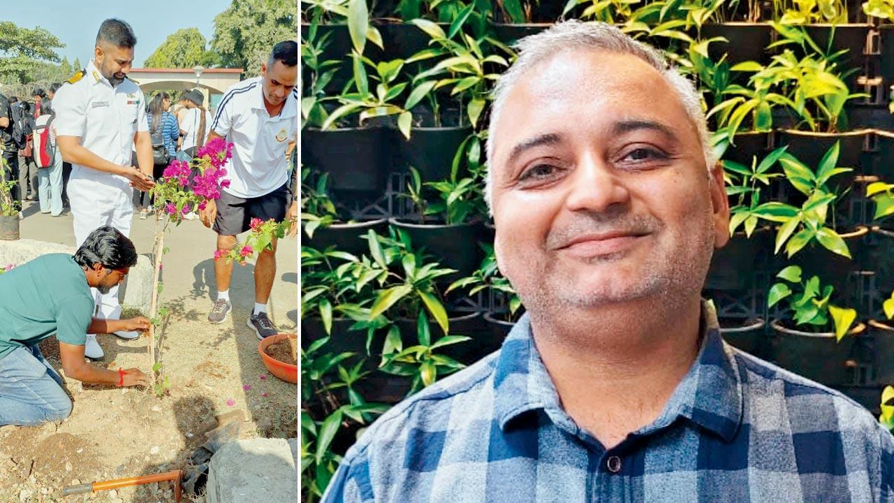 Volunteers and naval personnel plant saplings at the site; (right) Subhajit Mukherjee