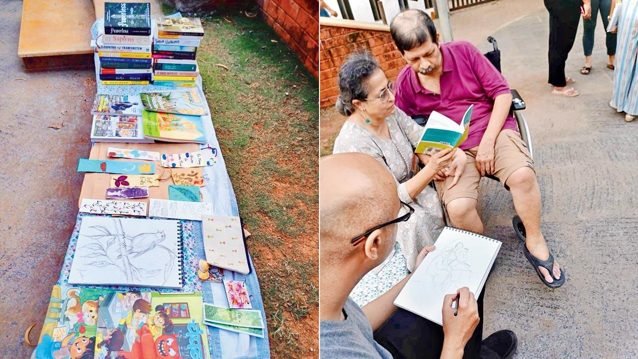 The artworks from the event; (right) a participant sketches readers