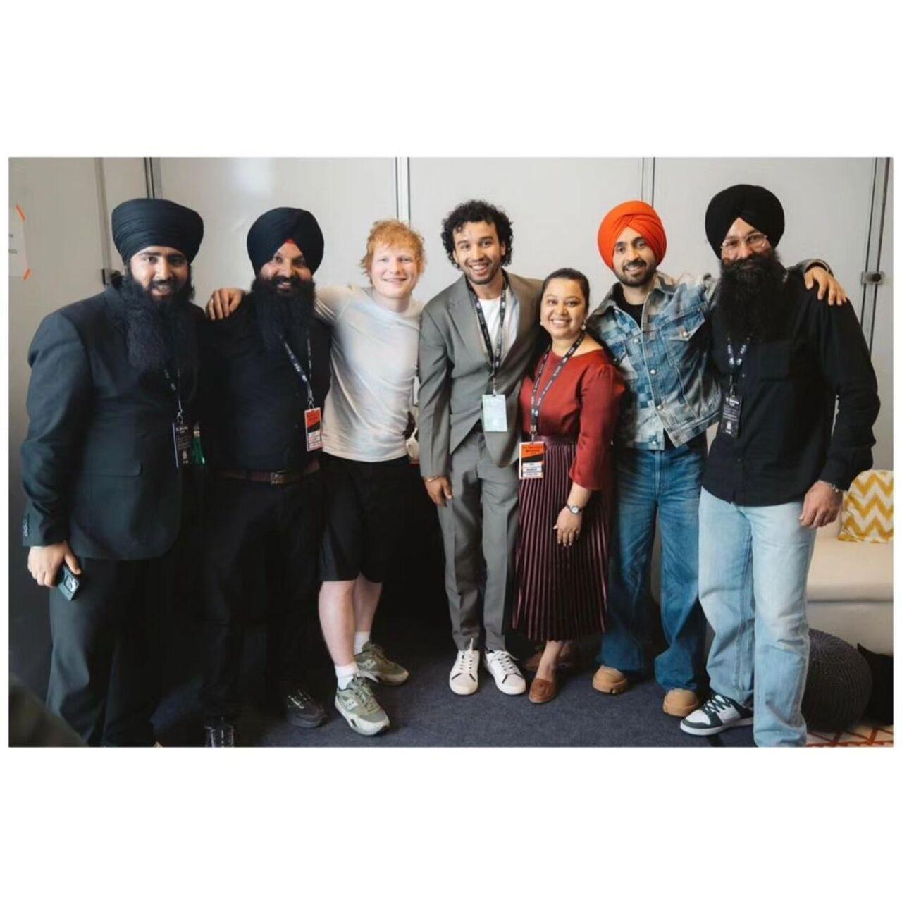 Ed Sheeran poses with Diljit and his team backstage