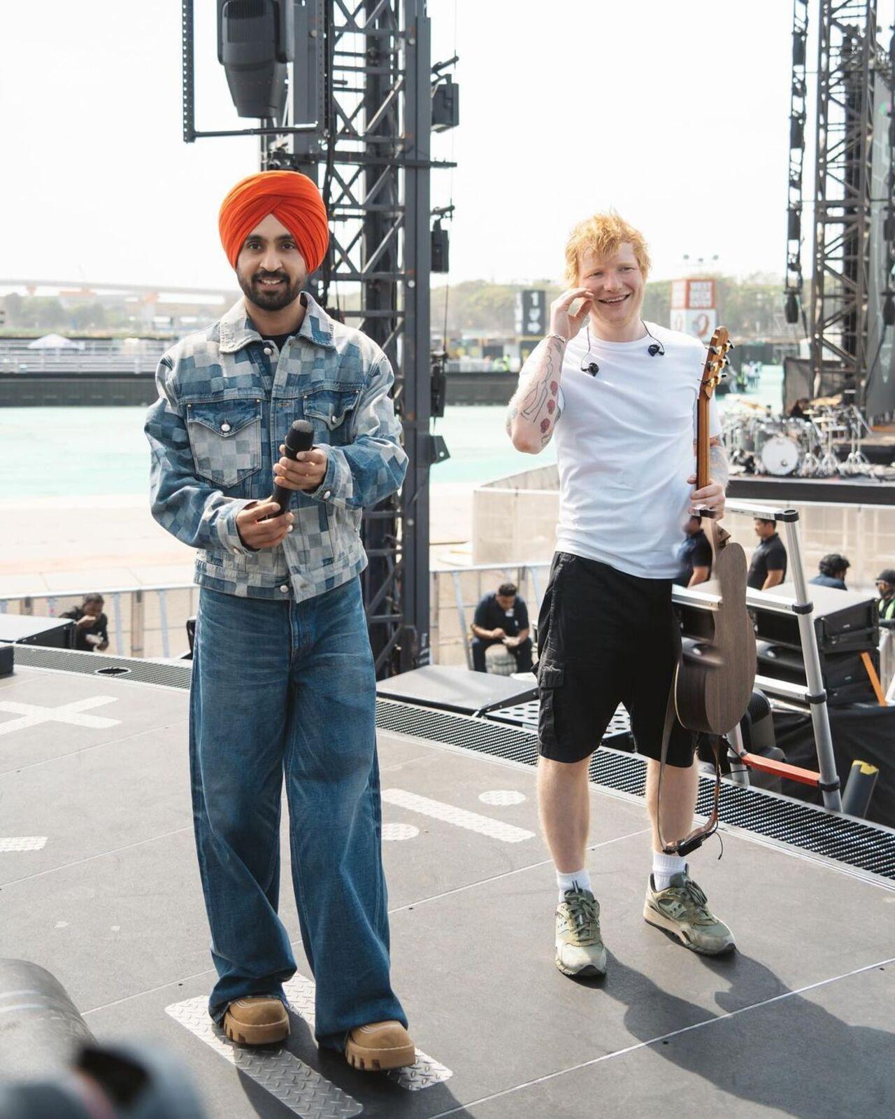 Diljit opted for an all-denim look for the rehearsals at the Mahalaxmi racecourse before the big night. Ed was seen in his trademark white t-shirt and shorts for the rehearsals