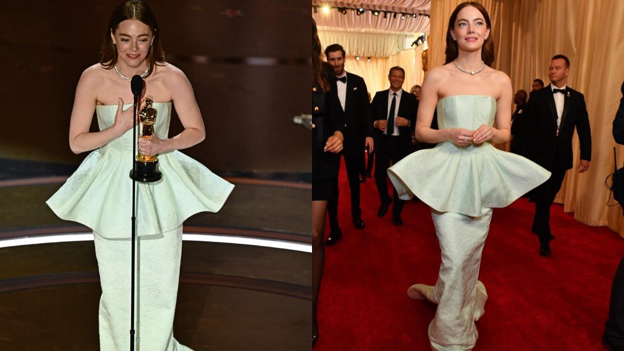 Emma Stone mint green peplum gown suffers a malfunction at Oscars 2024