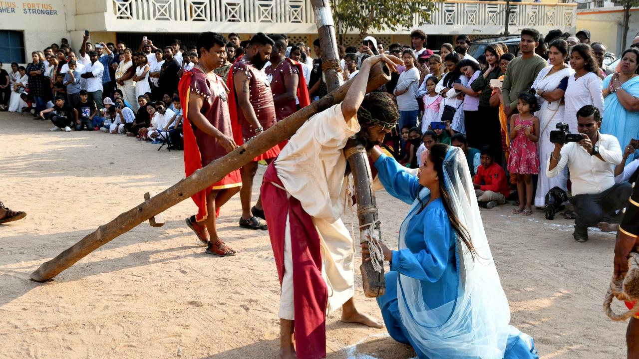 Hyderabad: Christian devotees during a play on crucifixion of Jesus Christ on the occasion of Good Friday at St. Joseph Church, in Hyderabad, Friday (PTI Photo)