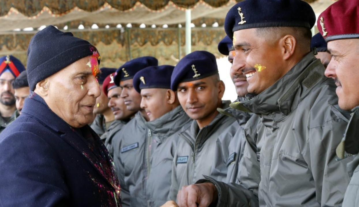 Defence Minister Rajnath Singh shared pictures of Holi celebrations with Indian soldiers on his X handle