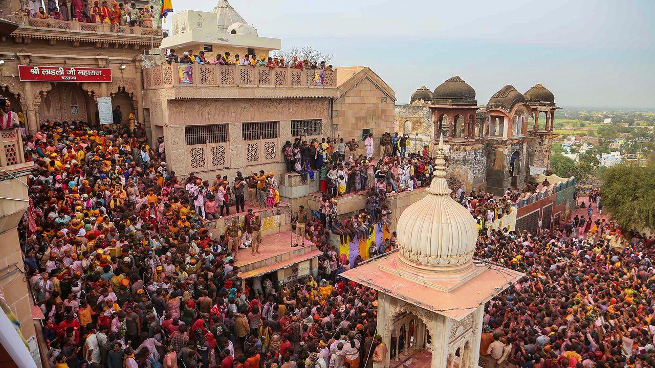 With the main Holi just a few days away, the Braj region has already begun their celebrations. The Shri Ladliji Temple in Barsana witnessed a spirited celebration. Pic/PTI