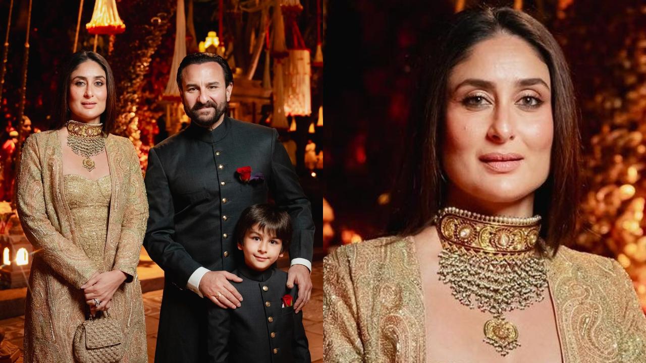 Kareena Kapoor Khan wore a golden pant-suit set by Ritu Kumar. She accessorised it by re-wearing her wedding reception choker necklace. Saif Ali Khan and Taimur on the other hand twinned in black bandhgala suits. 
