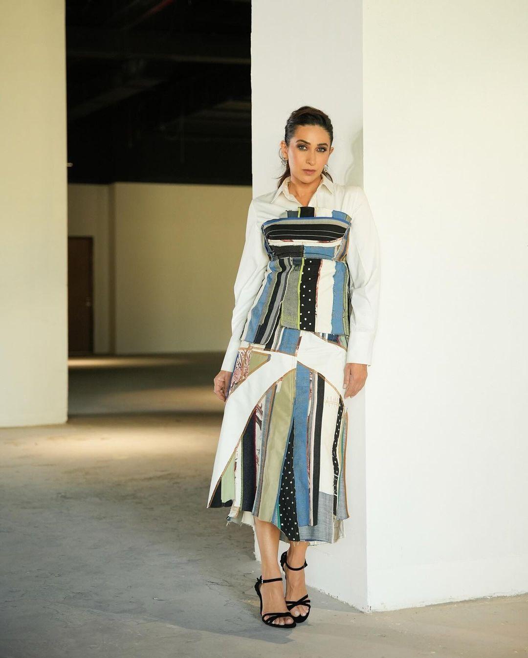 In Karisma Kapoor's outfit from the Fall/Winter 2023 Collection of LEH studios, she wore a bustier top over a white-collared shirt. Both the top and the mid-length skirt were made from leftover fabrics from previous collections, which is ideal for sustainability. 