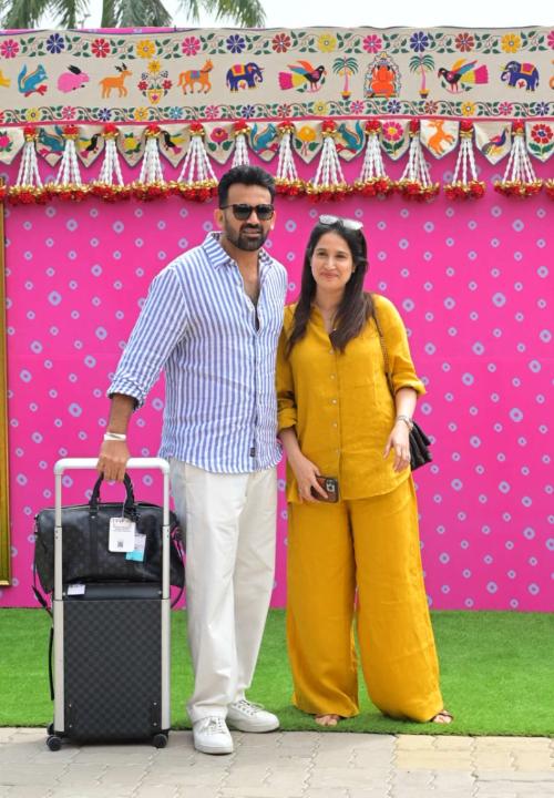 Former India cricketer Zaheer Khan with his wife and actress Sagarika Ghatge were clicked in Jamnagar for Ambani's pre-wedding celebrations. Also Read: 