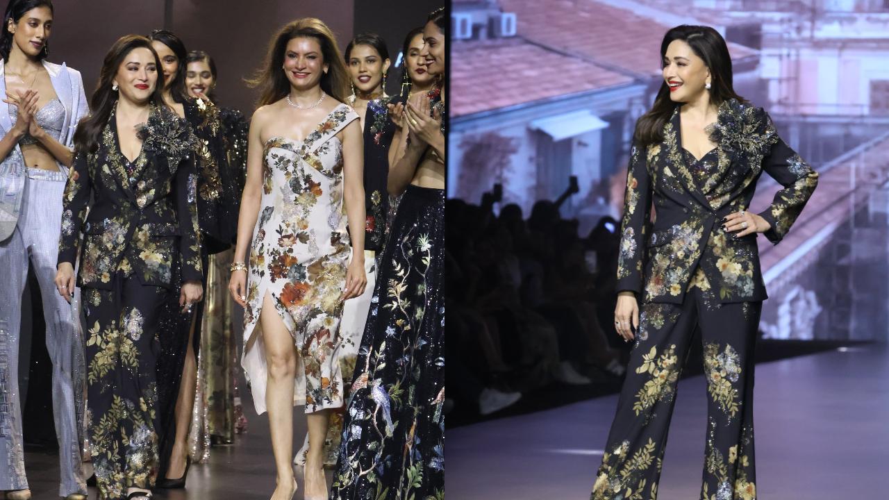 LFW x FDCI Day 5: Madhuri Dixit grooves to 'Bella Ciao', 'Titanium' as she walks the ramp for designer Ranna Gill