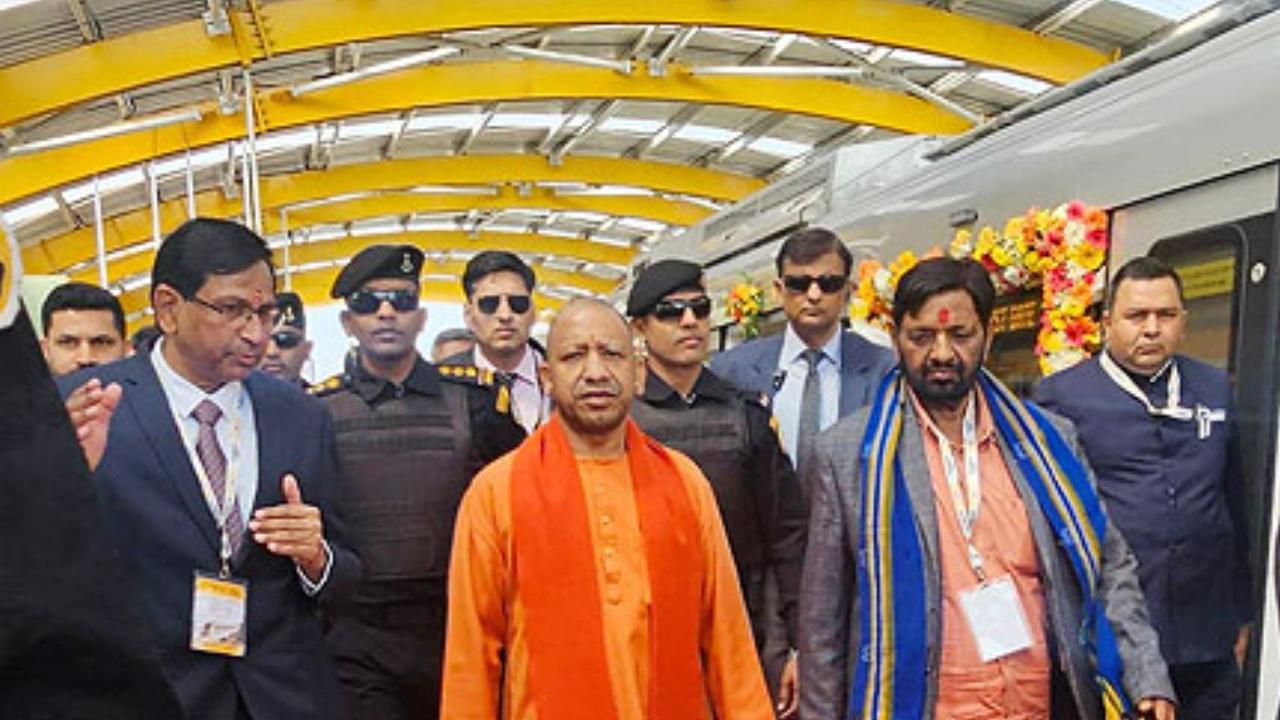 Uttar Pradesh Chief Minister Yogi Adityanath and other leaders took the inaugural train ride from the Taj Mahal station to Taj Mahal East station