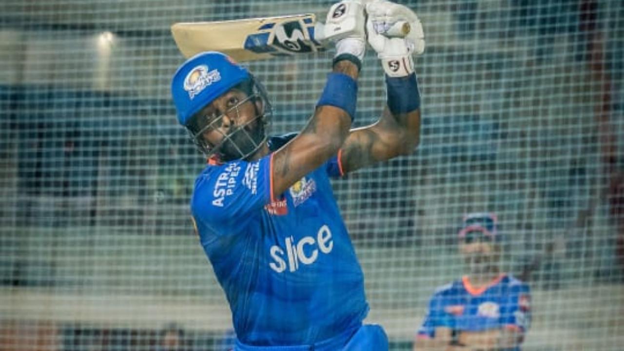 Mumbai Indians' newly appointed captain Hardik Pandya was seen hitting the nets during the team's first practice session